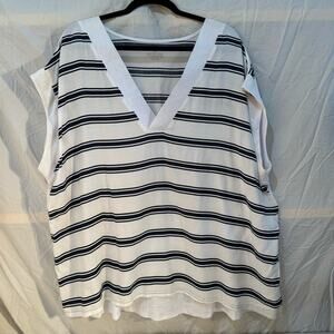 Lane Bryant White Blouse Navy Blue Striped V-Neck Shirt Size 4X 26/28 Coastal